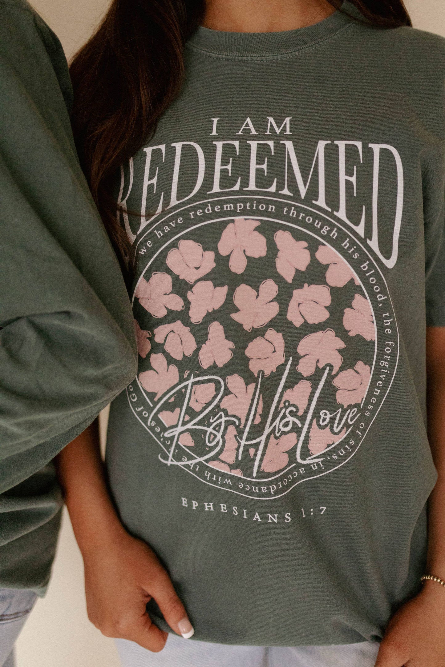 'Redeemed' Christian Graphic Tee - Green/Pink