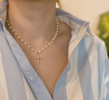 Cabled Cross Pendant Necklace - White/Gold