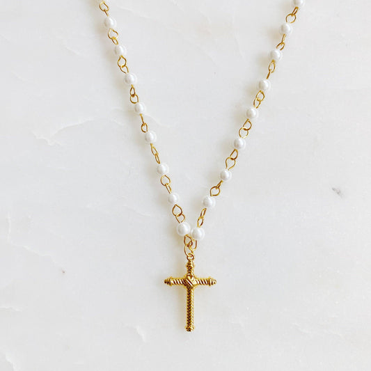 Cabled Cross Pendant Necklace - White/Gold