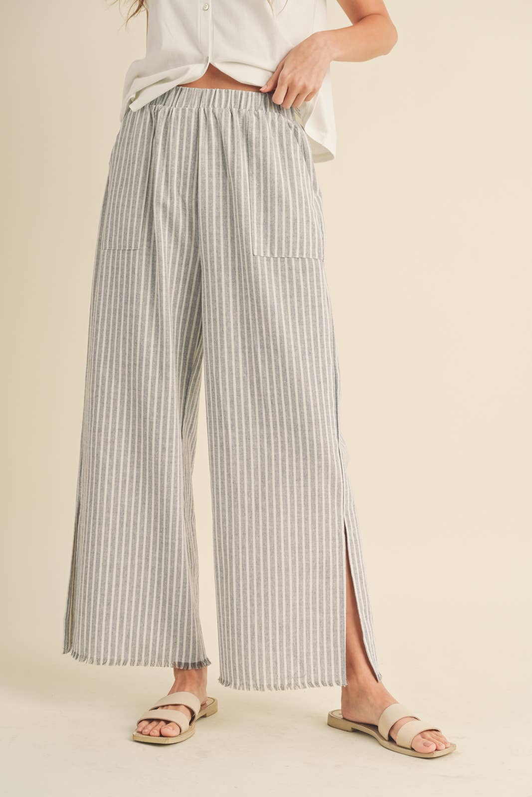 Striped Linen Pants with Raw Edge - Blue/White *LAST ONE*