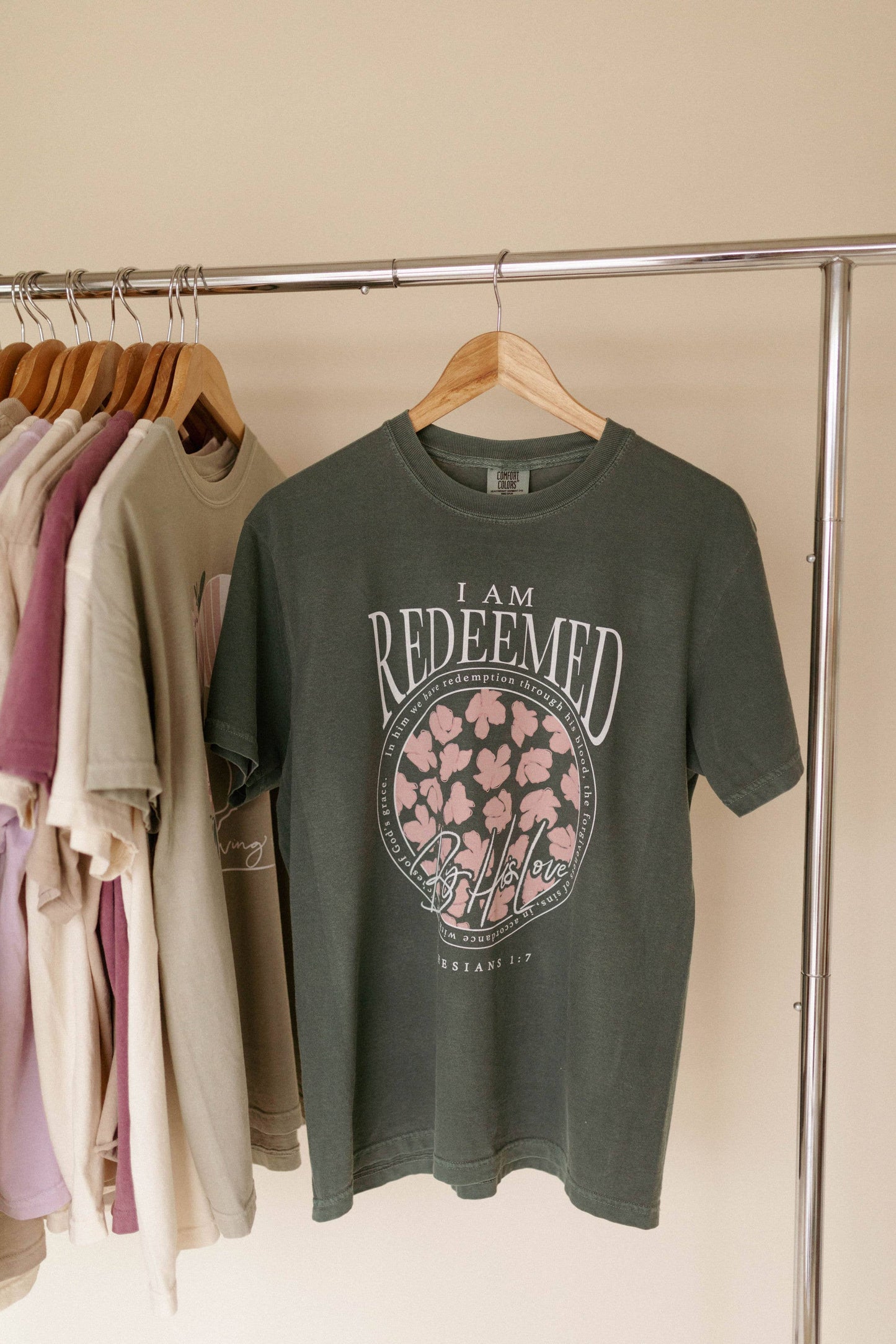 'Redeemed' Christian Graphic Tee - Green/Pink