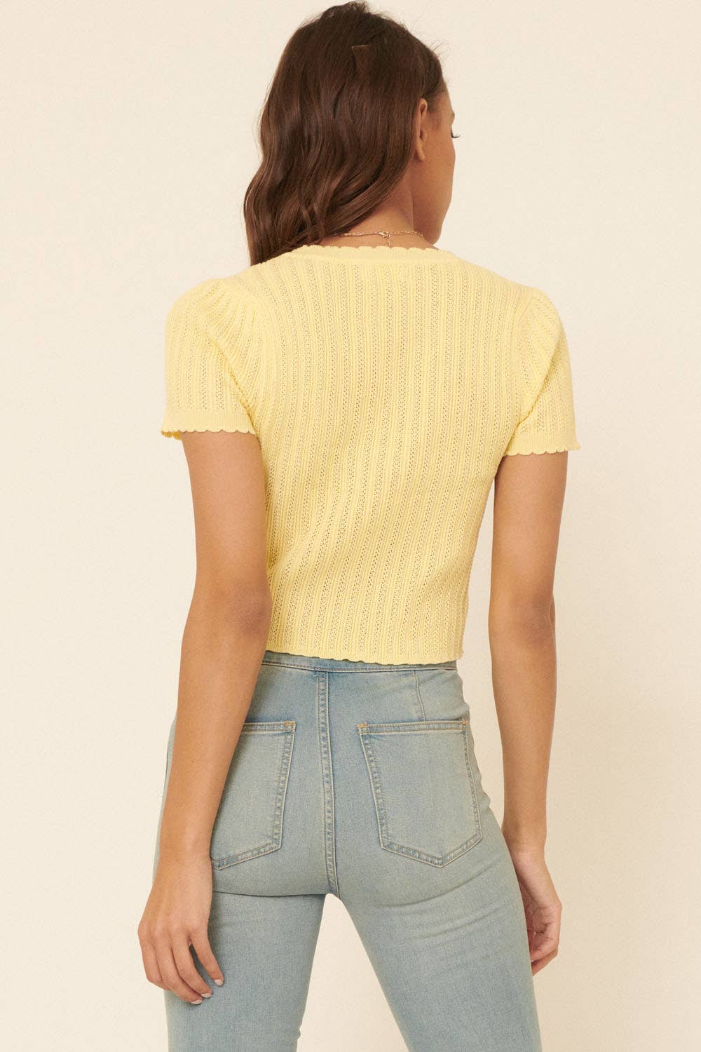 Ribbed Knit V Neck Lettuce Trim Top - Yellow *2 LEFT*