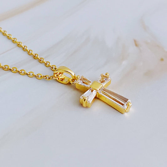 Crystal Cross Necklace - Gold