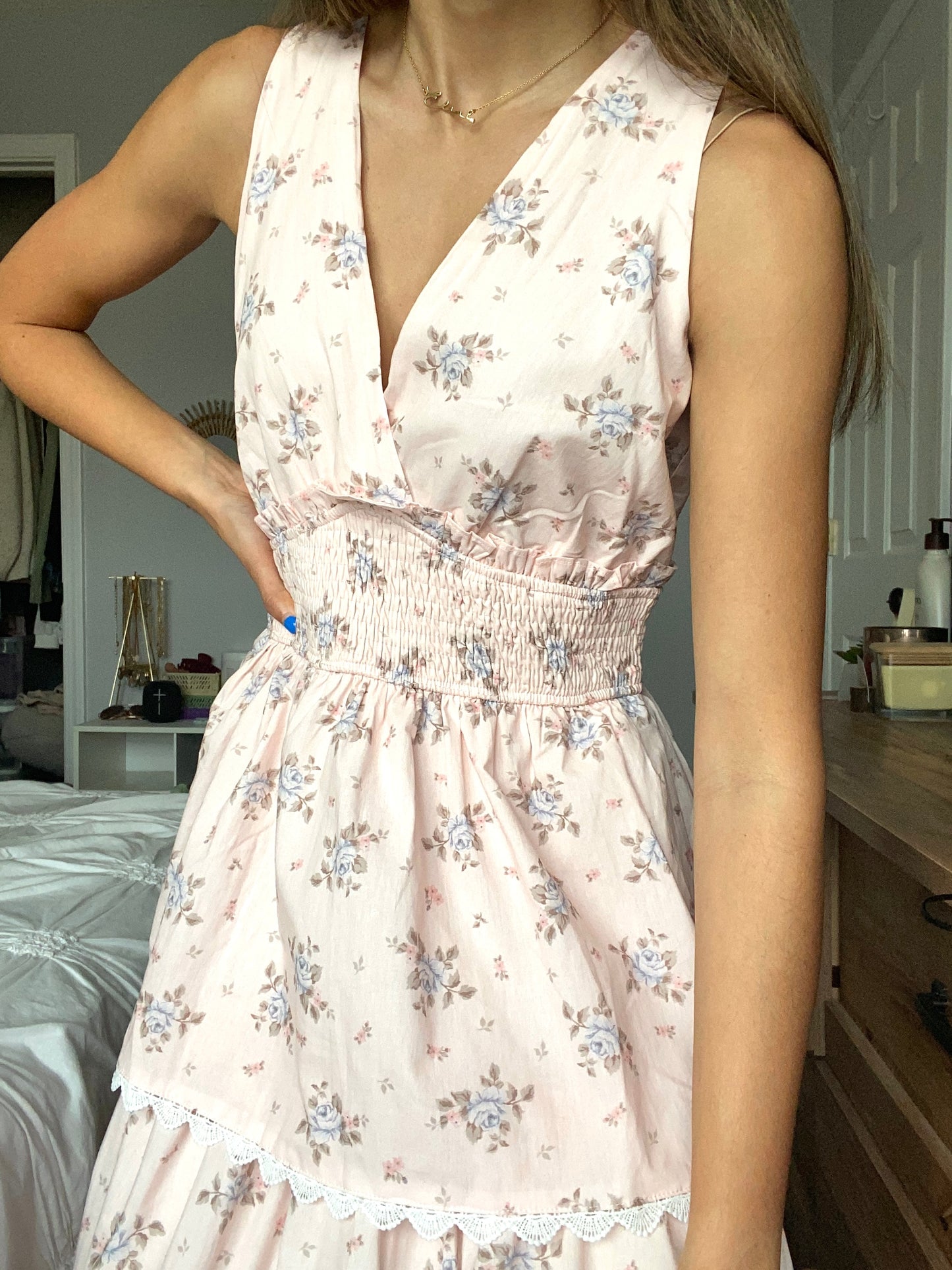 Amelia Floral Printed Midi Dress - Pink/Cream *LAST ONE*