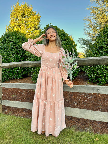 Arabella Embroidered Midi Dress - Pink/White *2 LEFT*