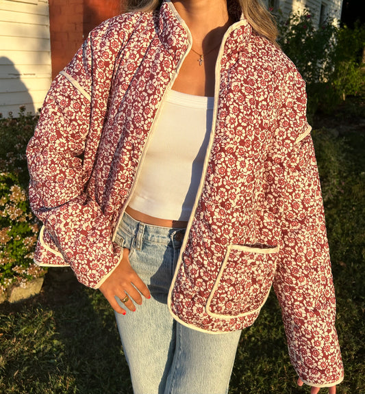 Marlowe Retro Floral Jacket - Red/Pink/Cream