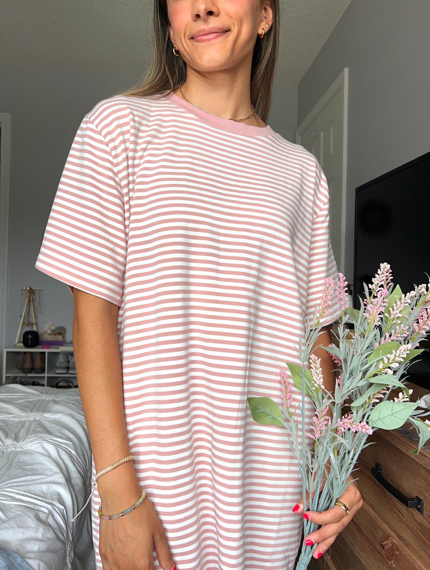 Sonny Striped T-Shirt Dress - Pink/White *LAST ONE*