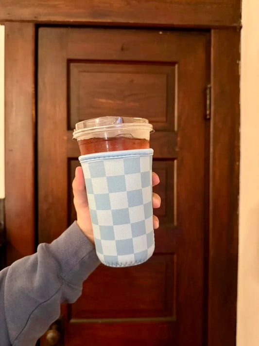 Blue Iced Drink Sleeve - Checkered/Floral *3 FLORAL LEFT*