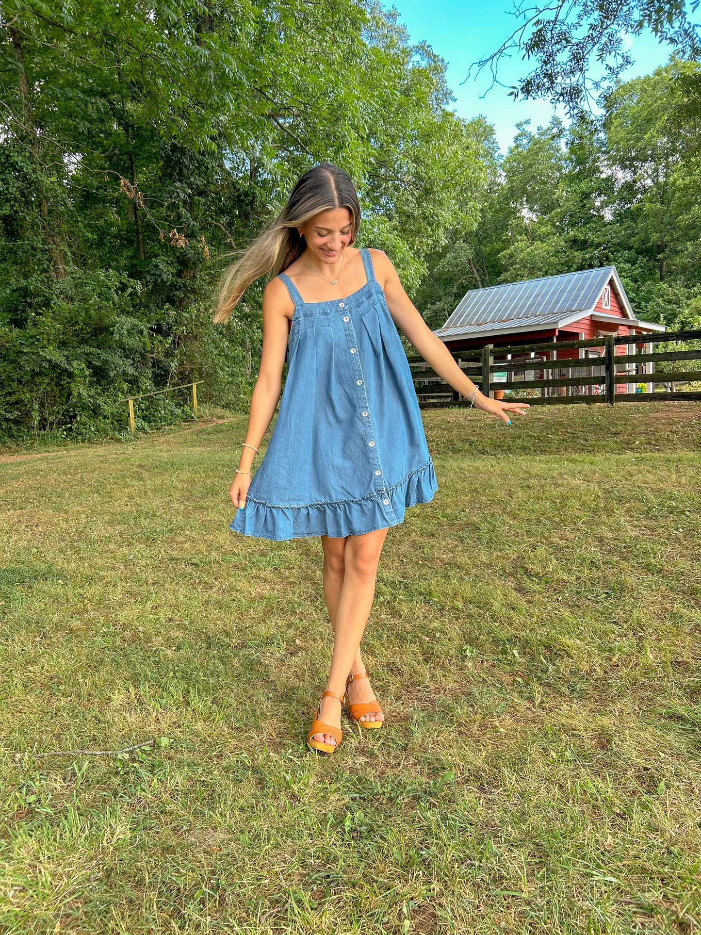 Denim Ruffled Swing Mini Dress - Blue *LAST ONE*