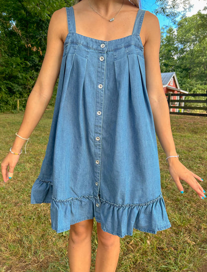 Denim Ruffled Swing Mini Dress - Blue *LAST ONE*