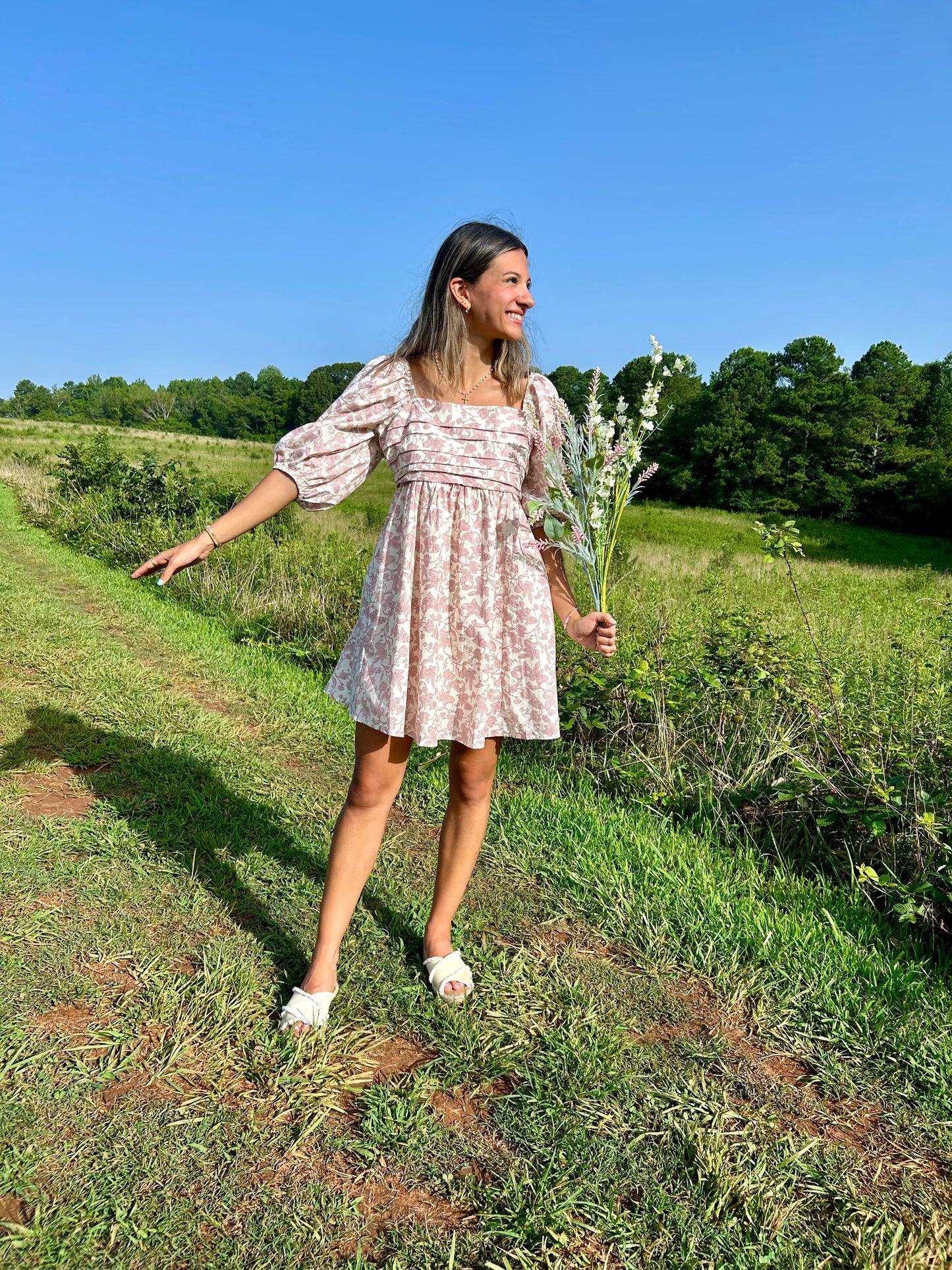 Floral Puff Sleeve Mini Dress - Cream/Mauve *3 LEFT*