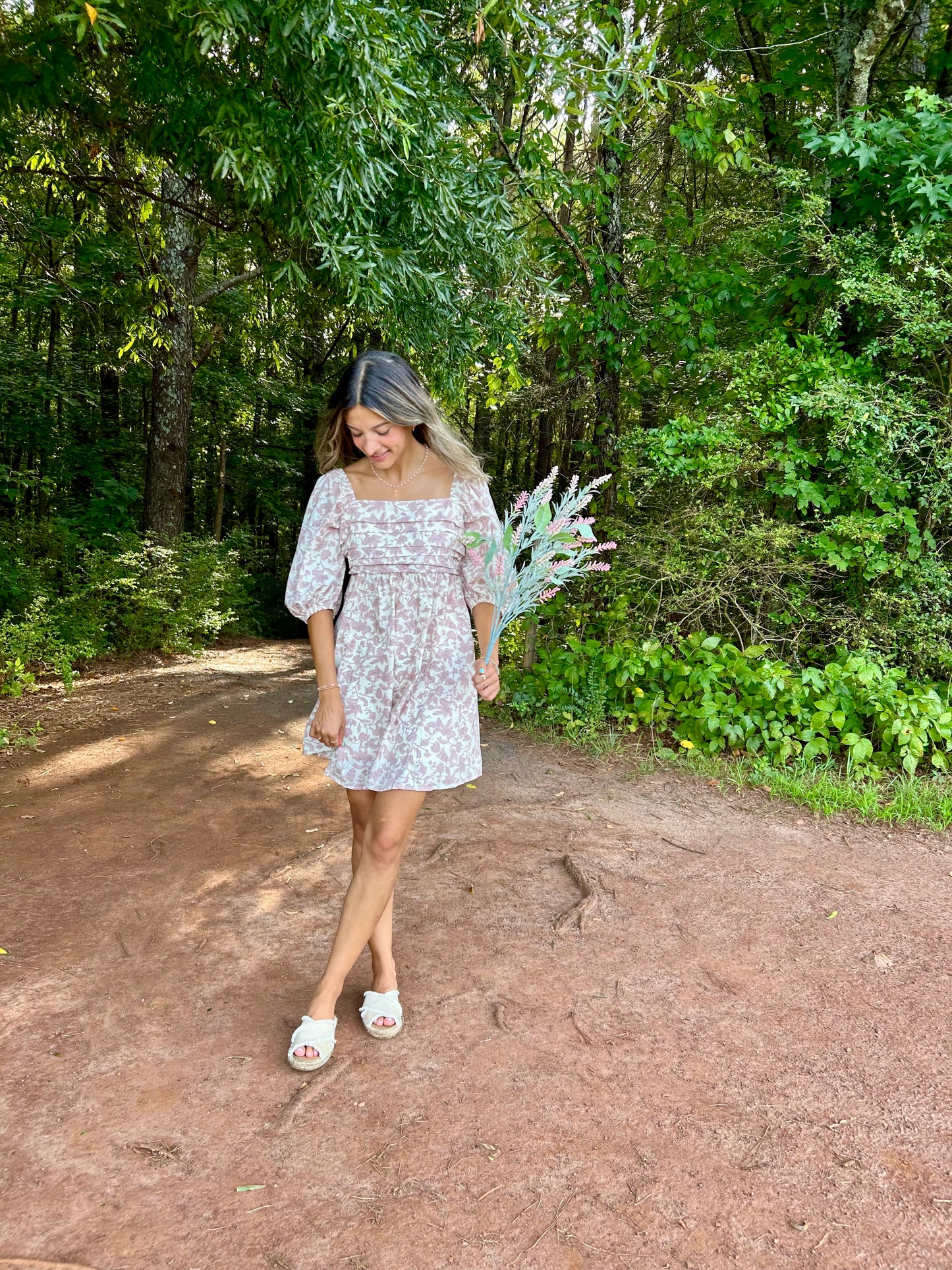 Floral Puff Sleeve Mini Dress - Cream/Mauve *3 LEFT*