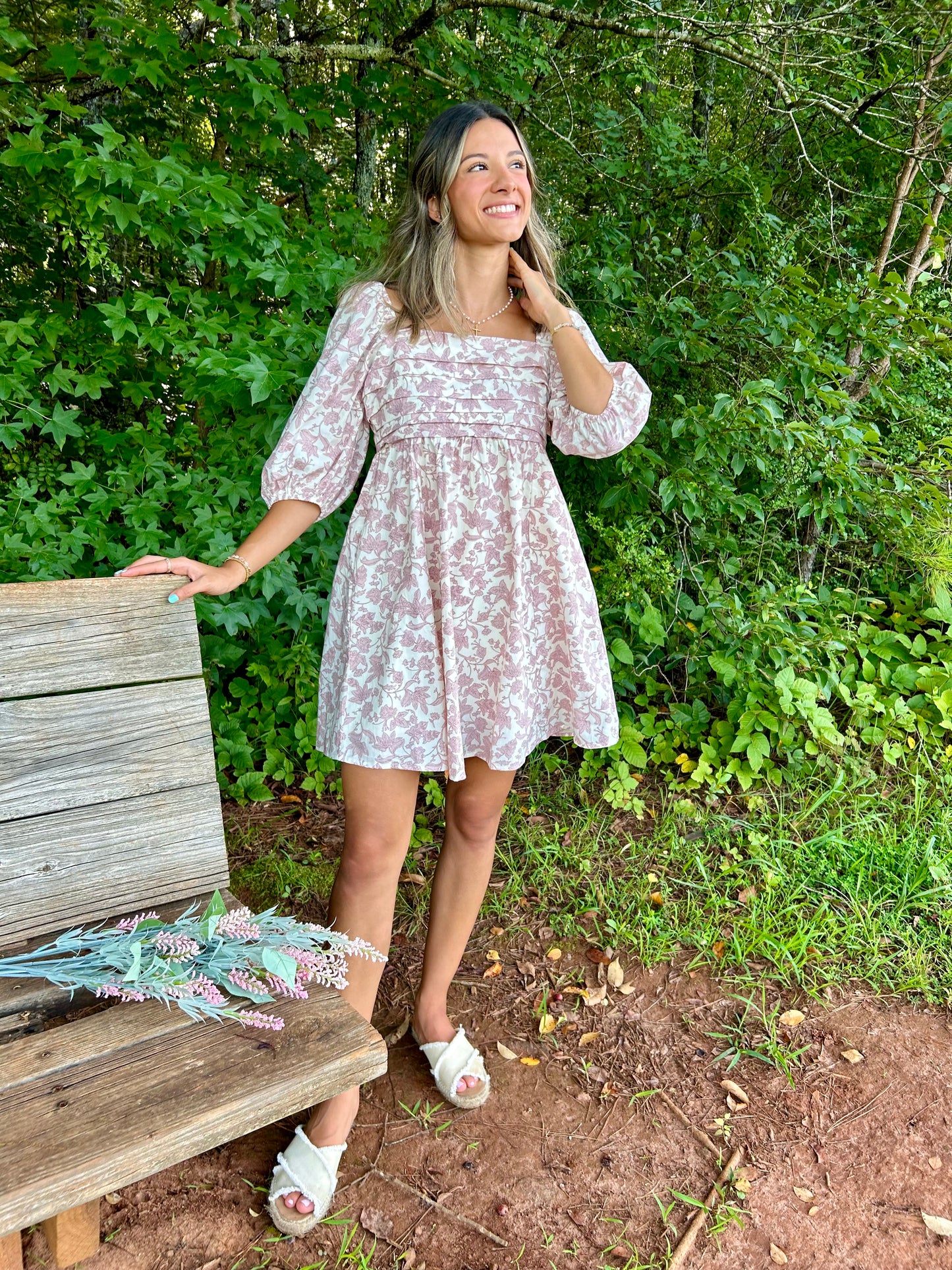 Floral Puff Sleeve Mini Dress - Cream/Mauve *3 LEFT*