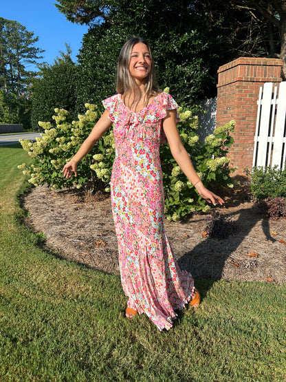 Eden Floral V-Neck Maxi Dress - Pink/Multi