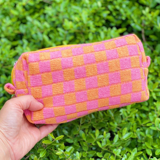 Checkered Knit Cosmetic Bag