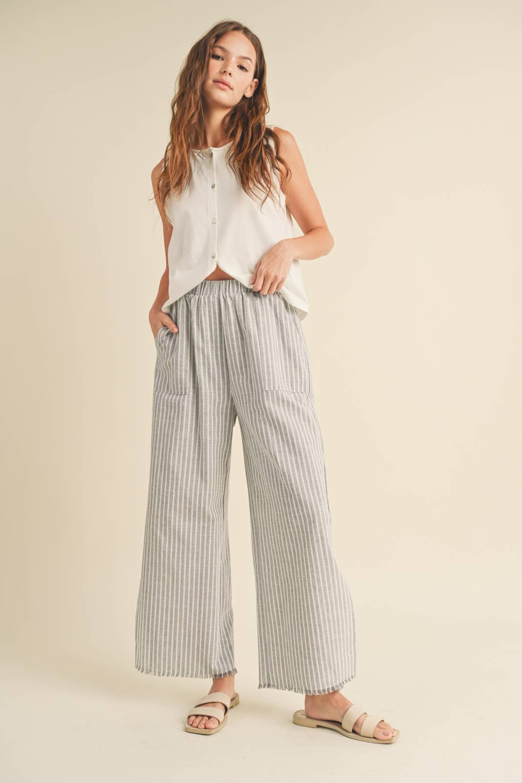 Striped Linen Pants with Raw Edge - Blue/White *LAST ONE*