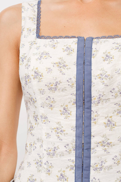 Yara Floral Hook-and-Eye Corset Top - Blue/Ivory