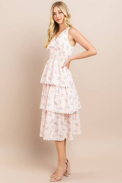 Amelia Floral Printed Midi Dress - Pink/Cream *LAST ONE*