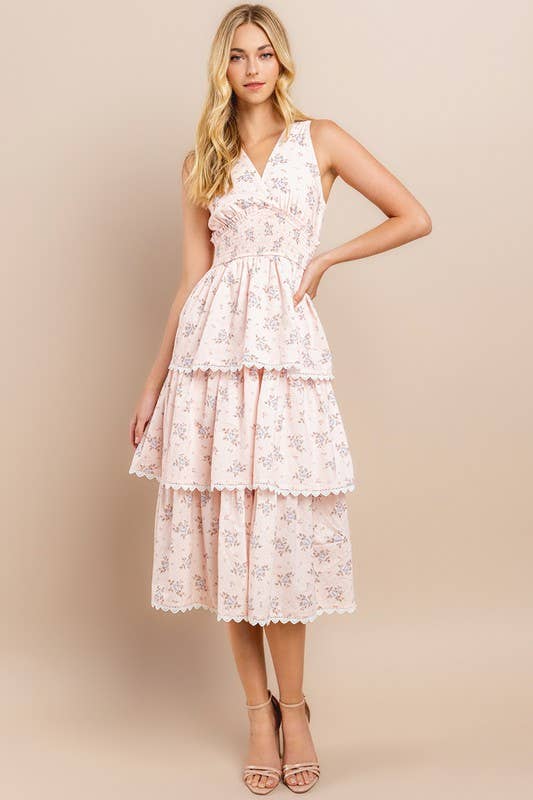 Amelia Floral Printed Midi Dress - Pink/Cream *LAST ONE*